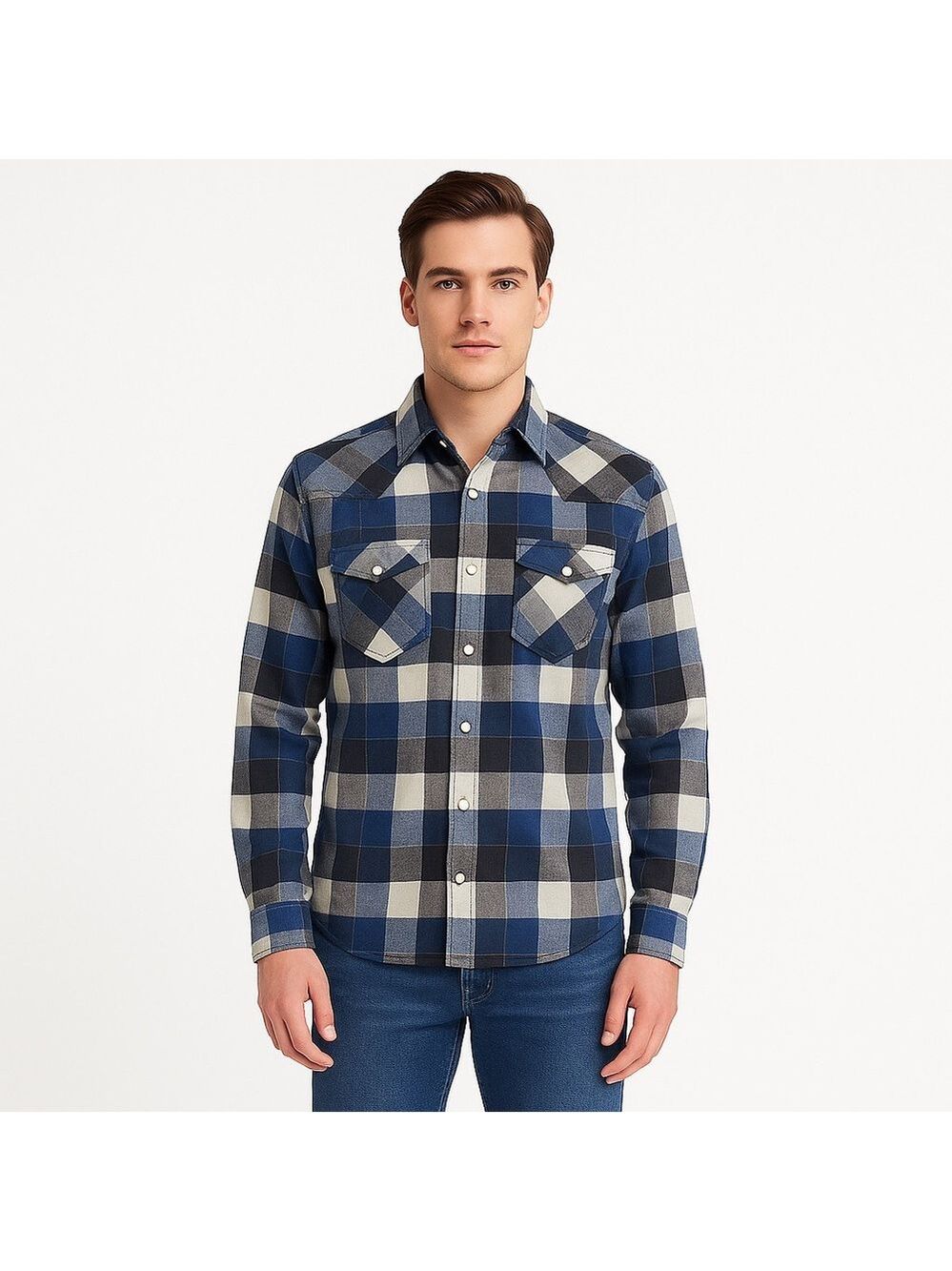 PRIVATE Member Mens plaid 100% cotton button down shirt blue ecru white in small